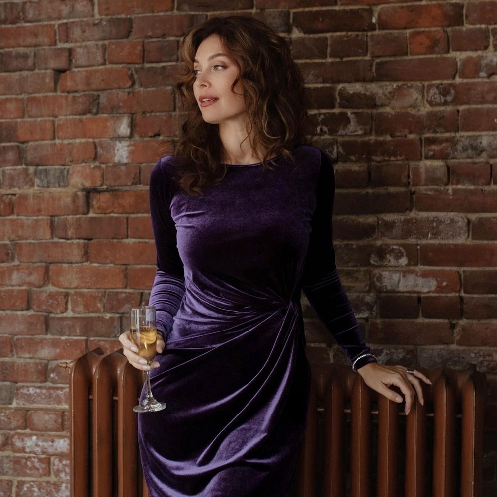 Ralph Lauren Dress Womens Velvet Sheath Bodycon V Neck Pullover Stretch Violet🌺